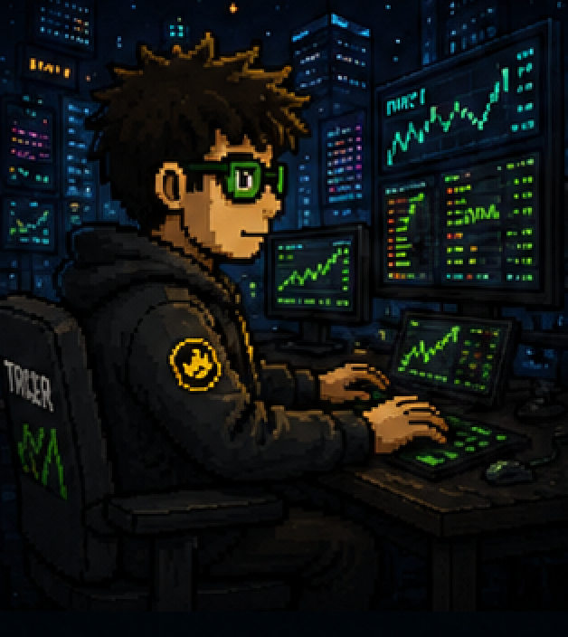 Pixel-art trader at a multi-monitor stock trading desk